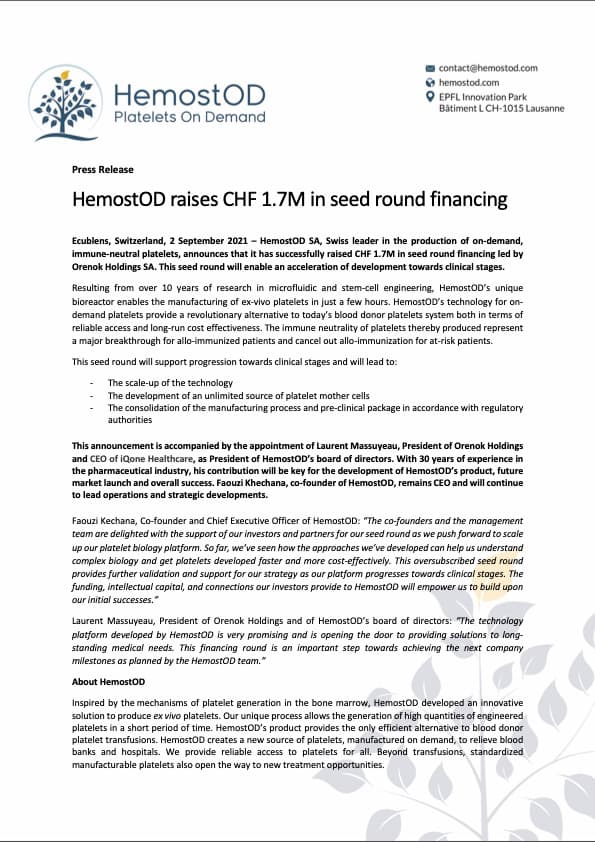 HemostOD raises CHF 1.7M in seed round financing - Press Release