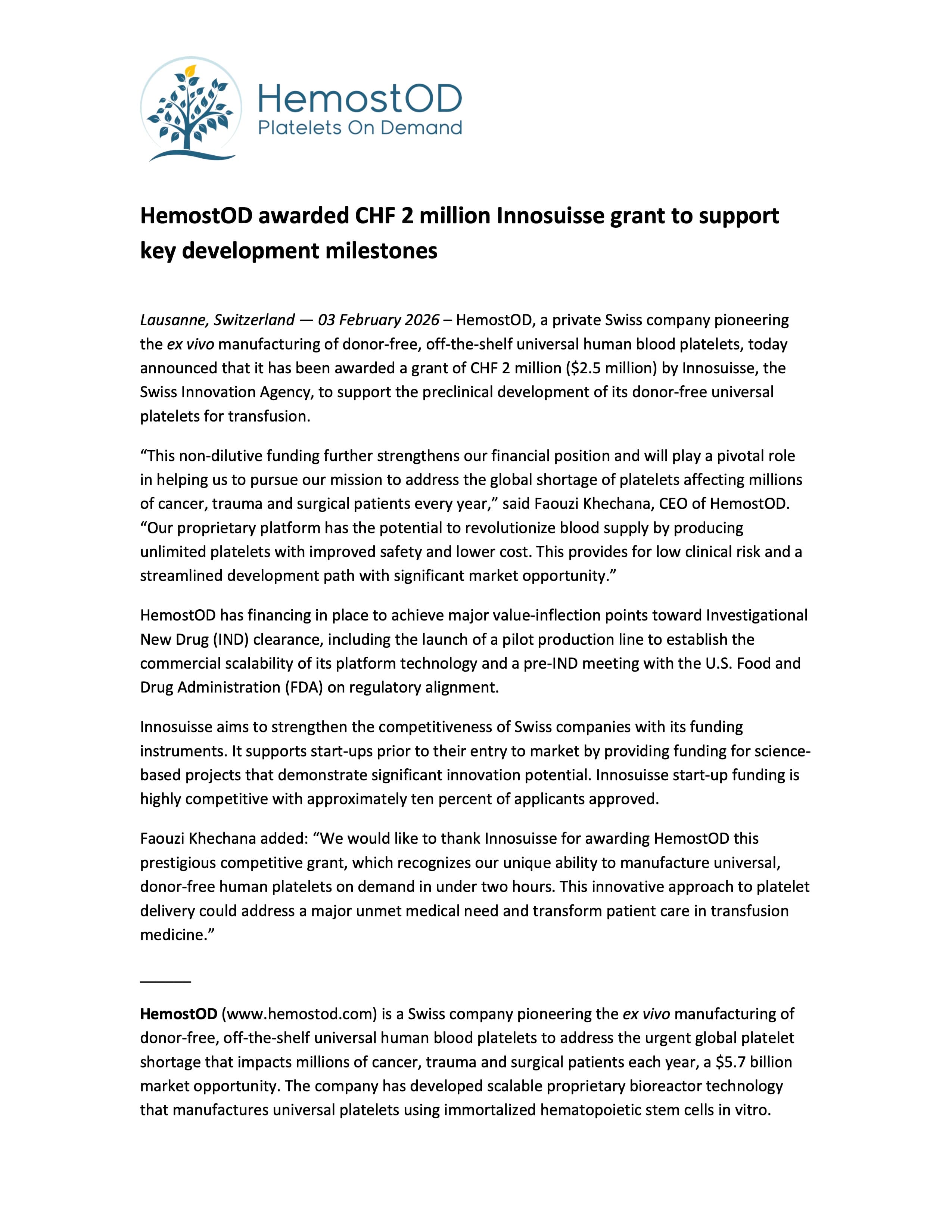 HemostOD awarded CHF 2 million Innosuisse grant - Press Release Page 1