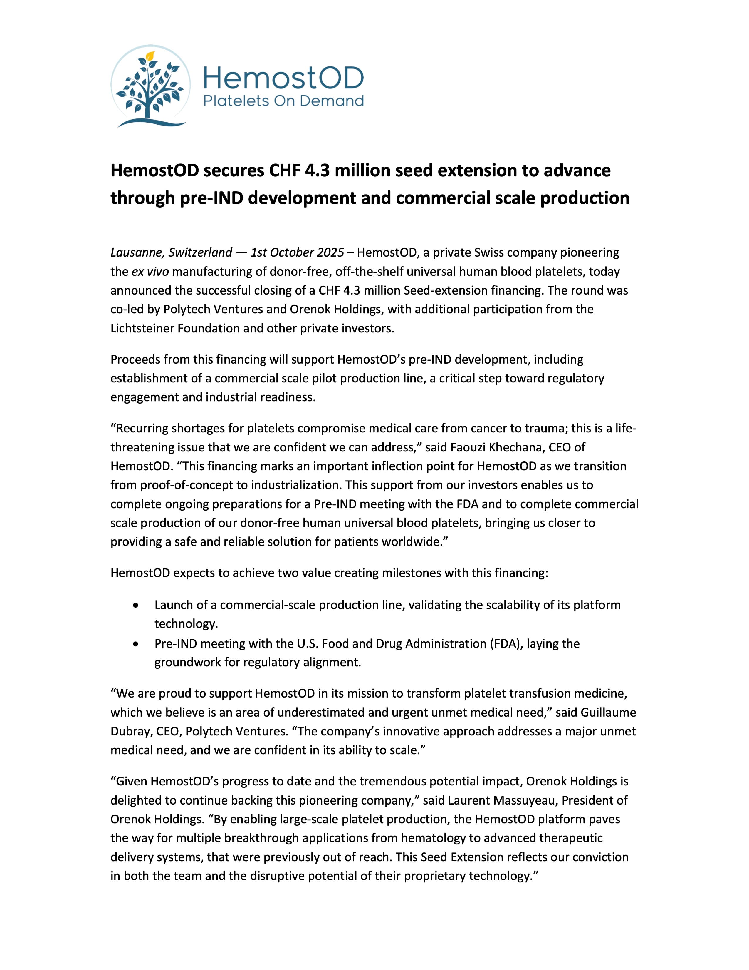HemostOD secures CHF 4.3M seed extension - Press Release Page 1