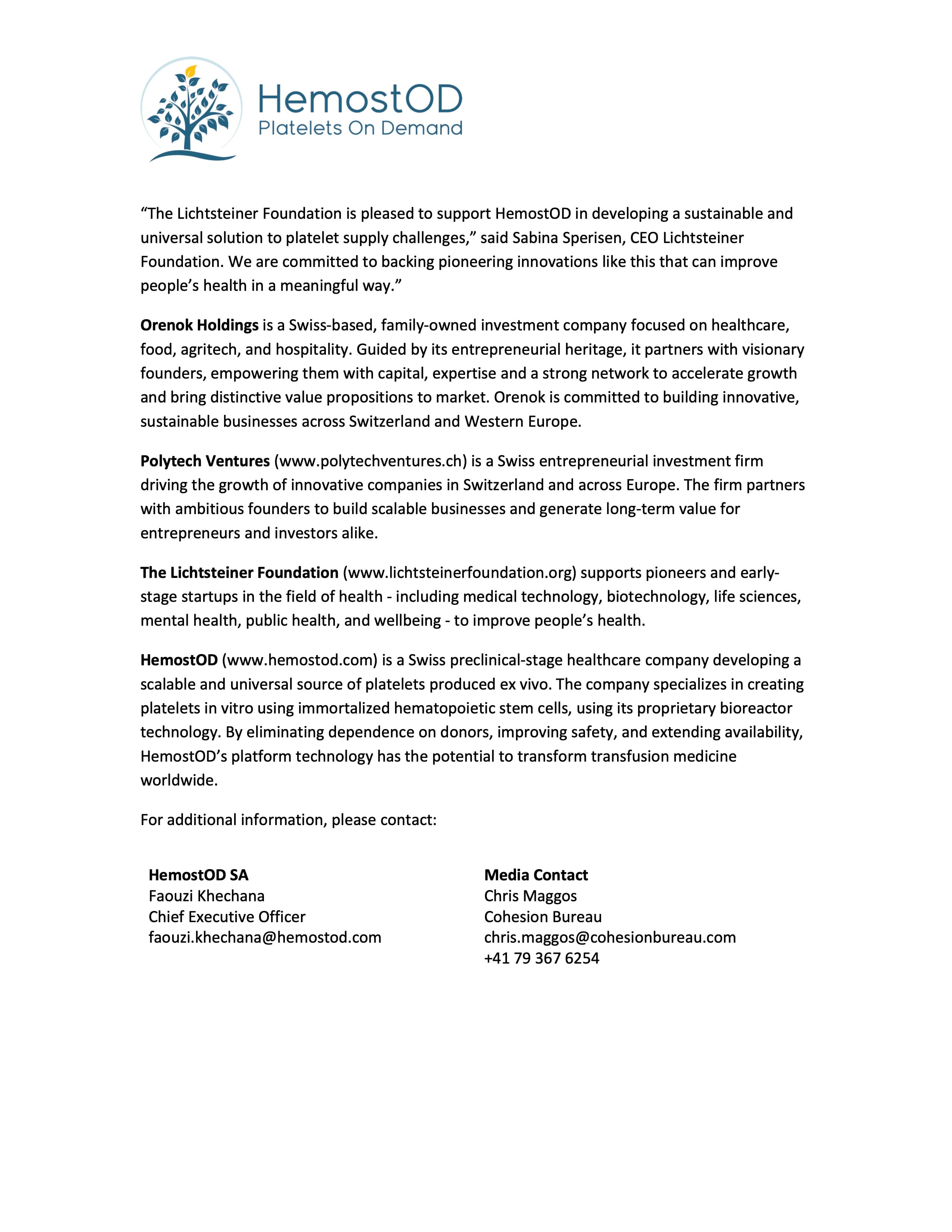 HemostOD secures CHF 4.3M seed extension - Press Release Page 2